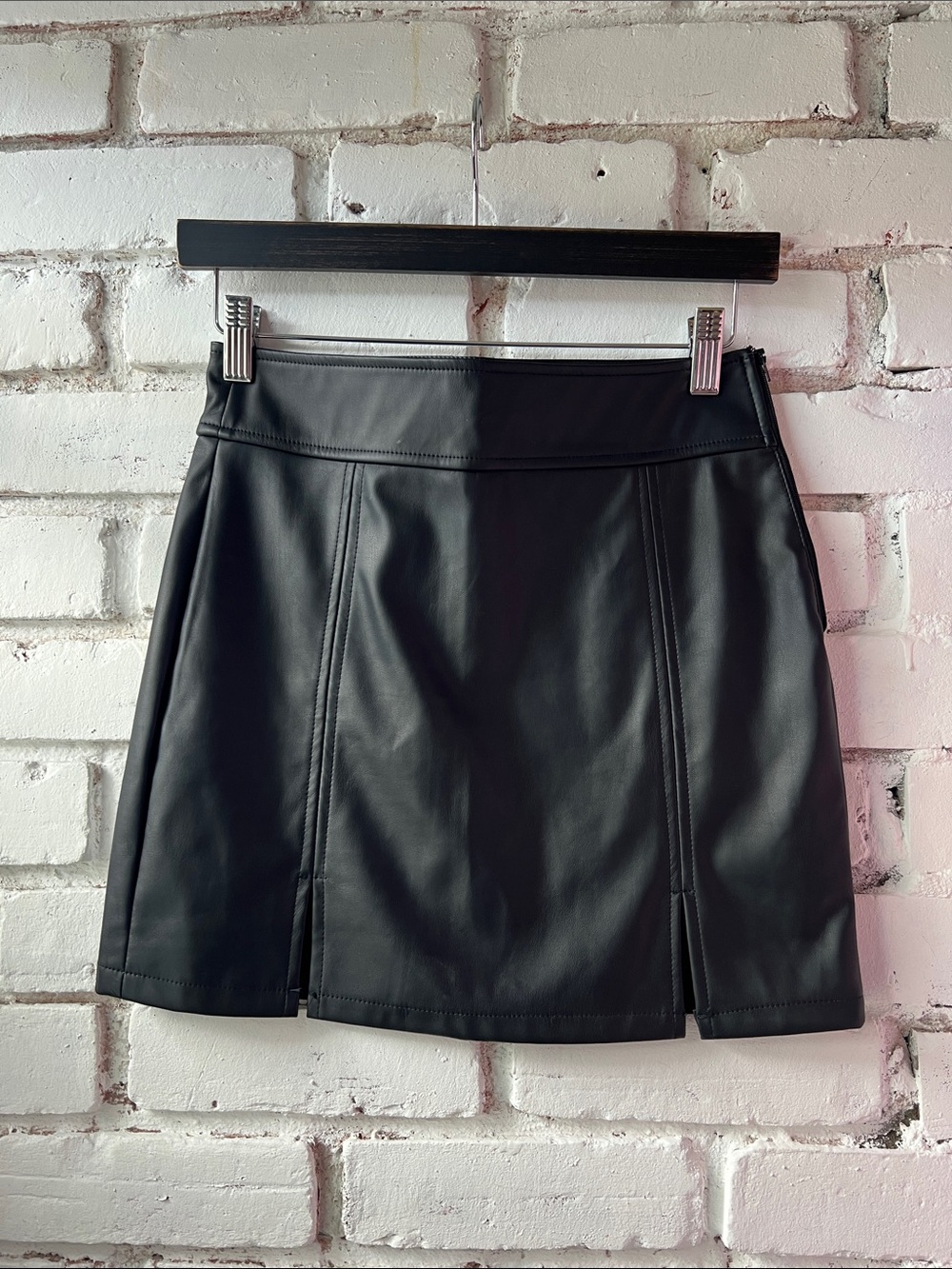 Black Faux Leather Mini Skirt double slit